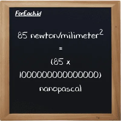 85 newton/milimeter<sup>2</sup> is equivalent to 85000000000000000 nanopascal (85 N/mm<sup>2</sup> is equivalent to 85000000000000000 nPa)